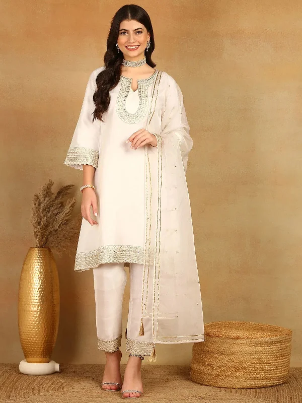 Ahika Women White Silk Blend Solid Embroidered A-Line Kurta Trouser With Dupatta-PKSKD2522WHT Trousers Party Sparkling