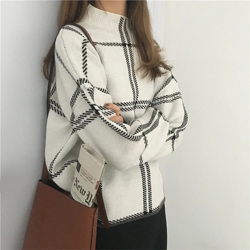 WILUXE Sweaters Womens Knitted Turtleneck Long Sleeve Plaid Pullovers Autumn Winter Elegant Femme Checked Sweater Women Knitwear Mujer Slim Fit Regular Fit Oversized