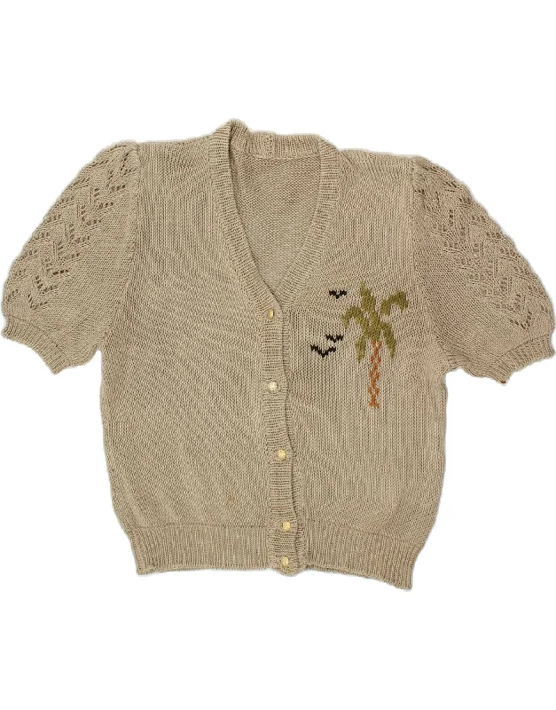 VINTAGE Womens Short Sleeve Cardigan Sweater UK 16 Large Beige Zippered Front Buttoned Front Snap Front