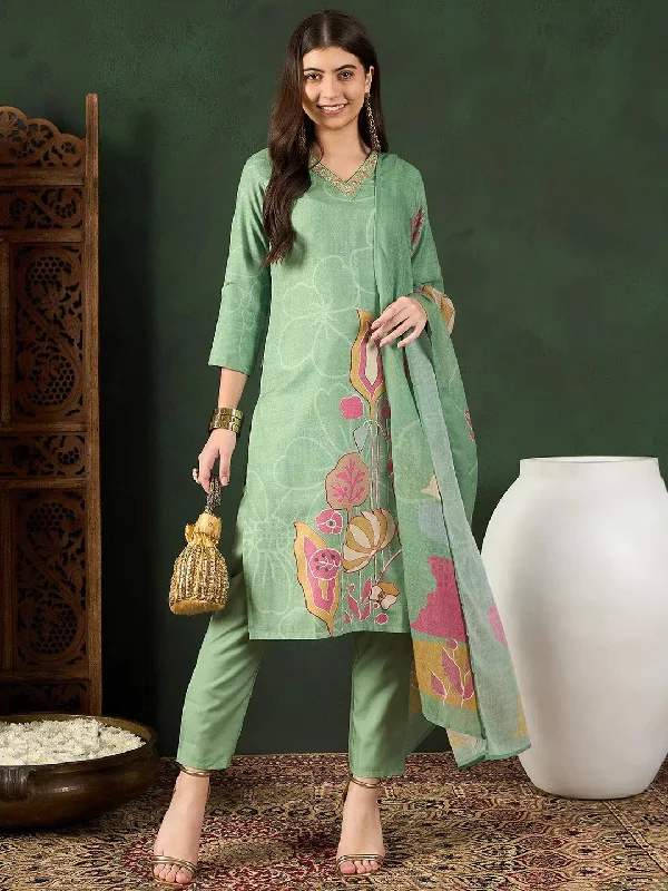 Ahika Women Green Silk Blend Floral Printed Straight Kurta Trouser With Dupatta-PKSKD2540GRN Trousers Versatile Stylish