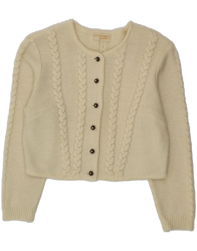 VINTAGE Womens Crop Cardigan Sweater UK 46 Large Off White Polyacrylic Mesh Blend Leather Blend Suede Blend