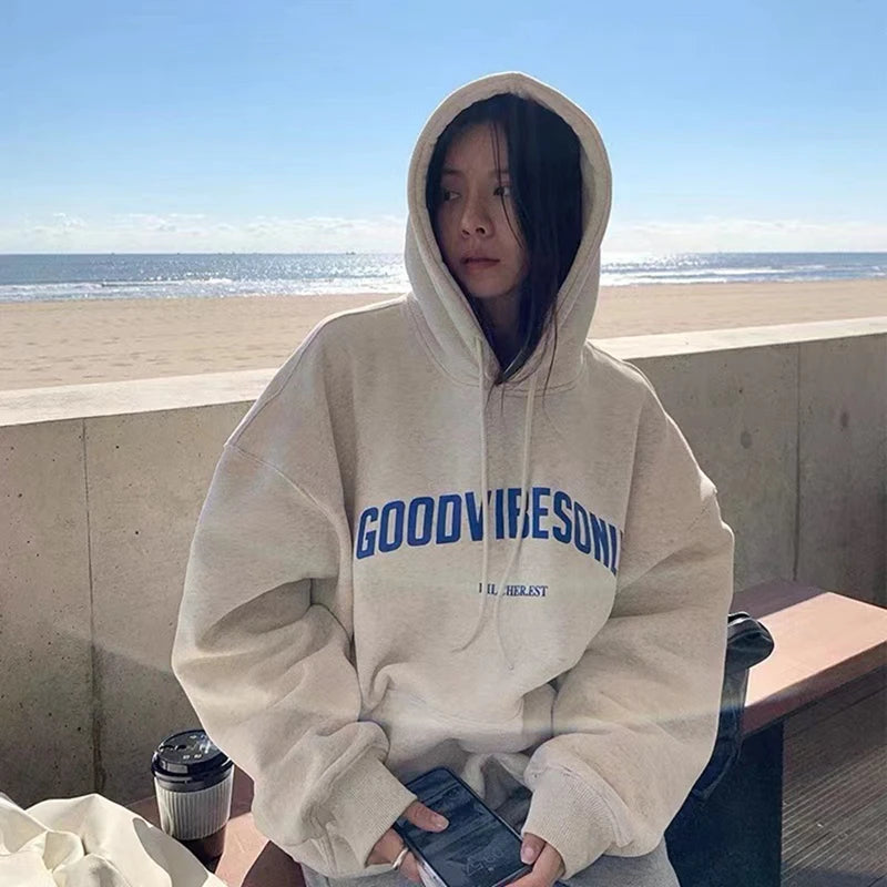 Advbridge Letter Print Hoodies Women Vintage Winter Autumn Loose Hooded Shirt Grunge Street Sweatshirt Y2k Clothes Warm Oversize Pullover Wrist Length Sleeve