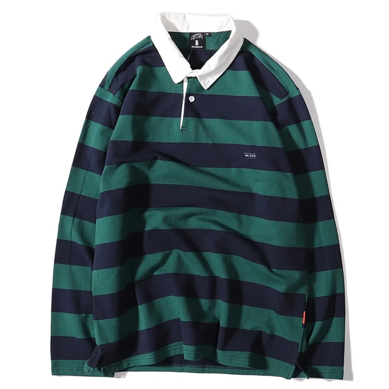 Advbridge Green Striped Patchwork Sweatshirts Men Women Casual Turn-Down Collar Pullovers Loose Retro Harajuku Hip Hop Streetwear Unisex Bishop Sleeve Elegant