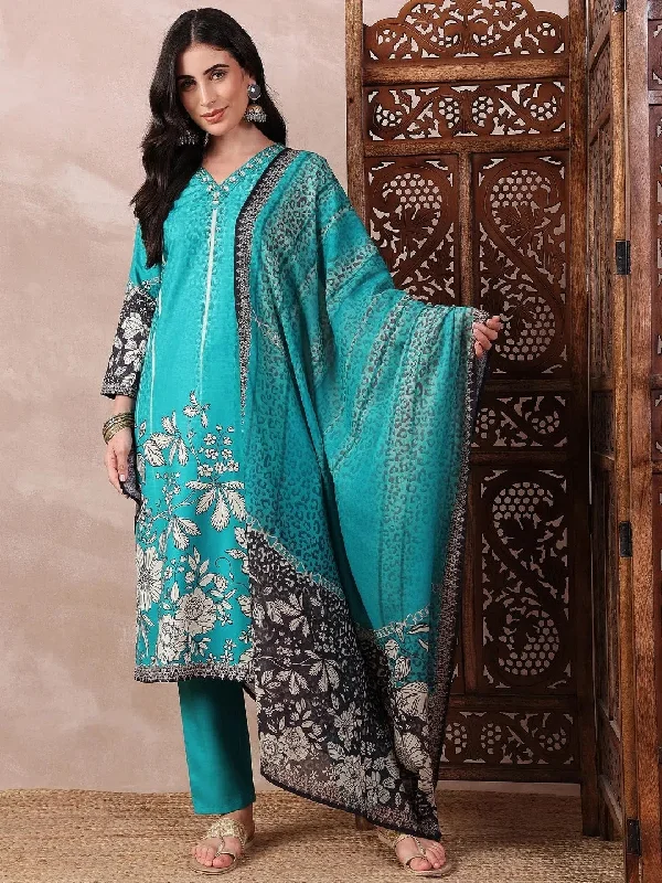 Ahika Women Green Silk Blend Floral Printed Straight Kurta Trouser With Dupatta-PKSKD2537GRN Trousers fashionable trendy