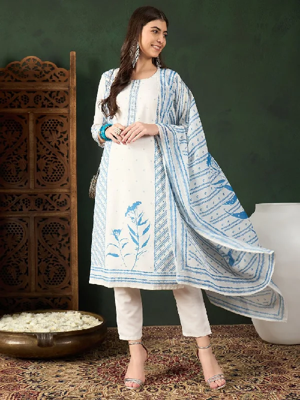 Off White Silk Blend Geometric Printed Straight Kurta Trouser With Dupatta Skinny Trousers Denim Stretchy