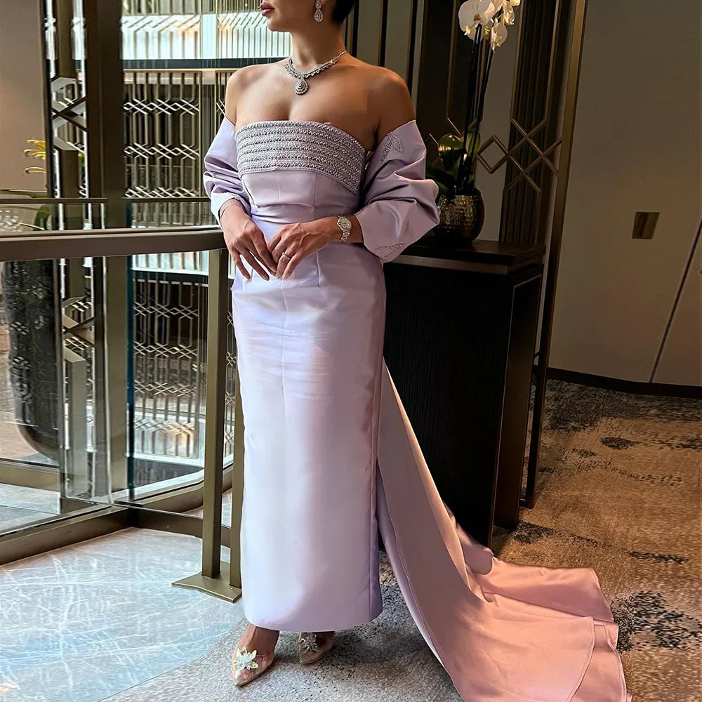 Serene Hill Arabic Purple Mermaid Satin Strapless With Jacket Beaded Evening Dresses Gowns 2024 For Women Wedding Party LA71897 Knit Fabric Woven Fabric Fleece Fabric