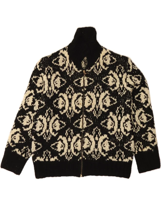 VINTAGE Womens Cardigan Sweater UK 16 Large Black Fair Isle Soft Cozy Warm