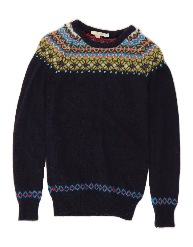 BODEN Womens Boat Neck Jumper Sweater UK 6 XS Navy Blue Fair Isle Wool Stylish Fashionable Trendy