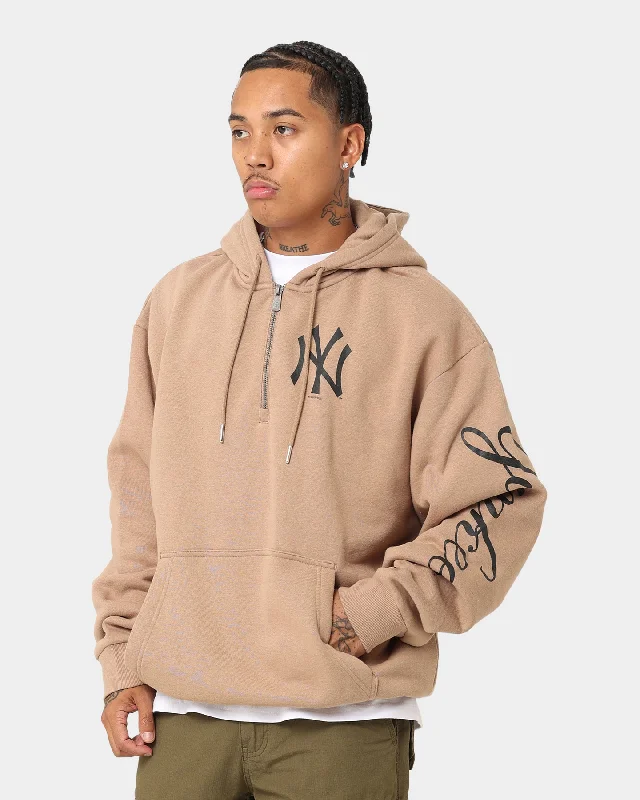 New Era New York Yankees Quarter Zip Sleeve Script Hoodie Khaki/Black Hoodie with Rhinestones Sparkly Elegant