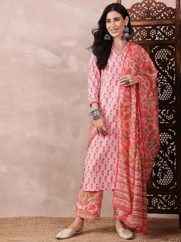 Ahika Women Pink Rayon Blend Floral Printed Straight Kurta Trouser With Dupatta-VKSKD2239 Trousers High Rise Slim Fit