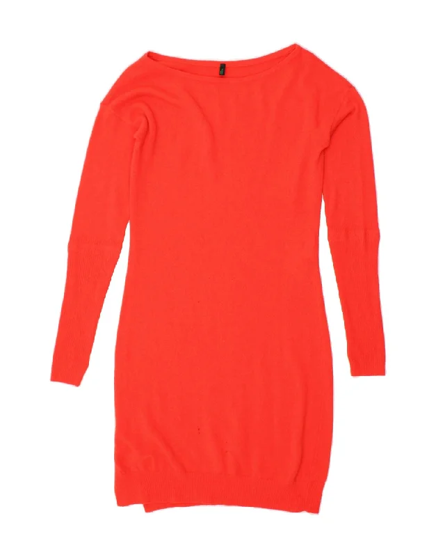 BENETTON Womens Long Sleeve Jumper Dress UK 6 XS Red Wool Houndstooth Herringbone Solid