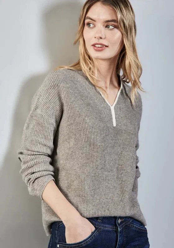 Street One Contrast Trim Sweater, Beige Elasticated Padded Insulated
