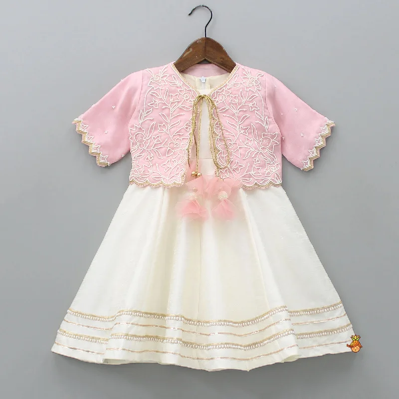 Pre Order: Off White Kurti With Pink Organza Jacket Chenille Fabric Brocade Fabric Lace Fabric