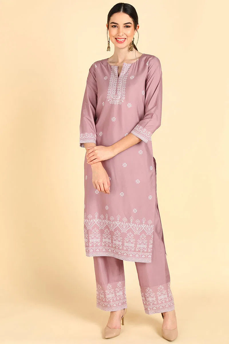 Ahika Polyester Ethnic MotifsPrinted Kurta Trousers Set Wide Leg Loose Fit Mid Waist