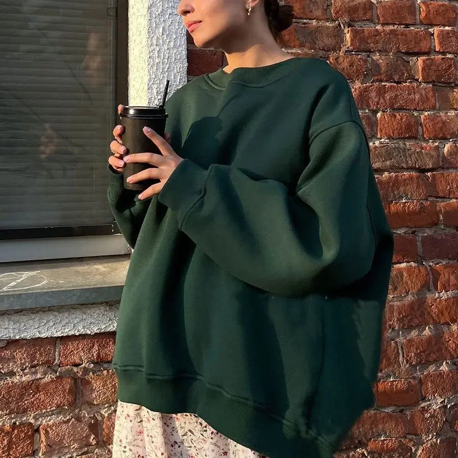 Advbridge Fashionable Round Neck Loose Sweatshirt for Women Autumn and Winter Solid Color Oversize Polar Fleece Pullover Sweatshirt Angora Wool Cozy