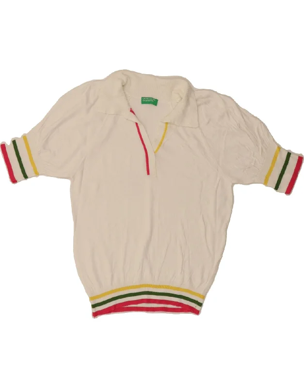 BENETTON Womens Polo Neck Jumper Sweater UK 12 Medium White Striped Bright Pastel Dark