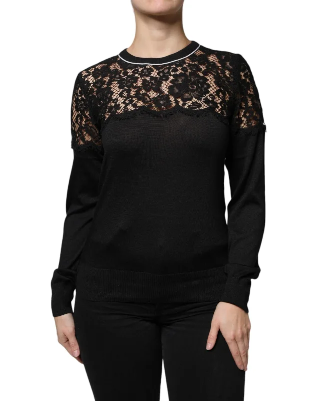 Dolce & Gabbana Floral Lace Silk Pullover Blouse Top Crew Neck Wool