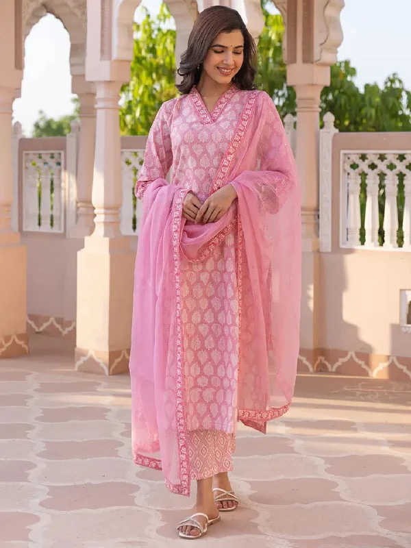 Ahika Women Pink Viscose Rayon Paisley Printed Straight Kurta Trouser With Dupatta-VKSKD2219PNK Trousers Sale Discount
