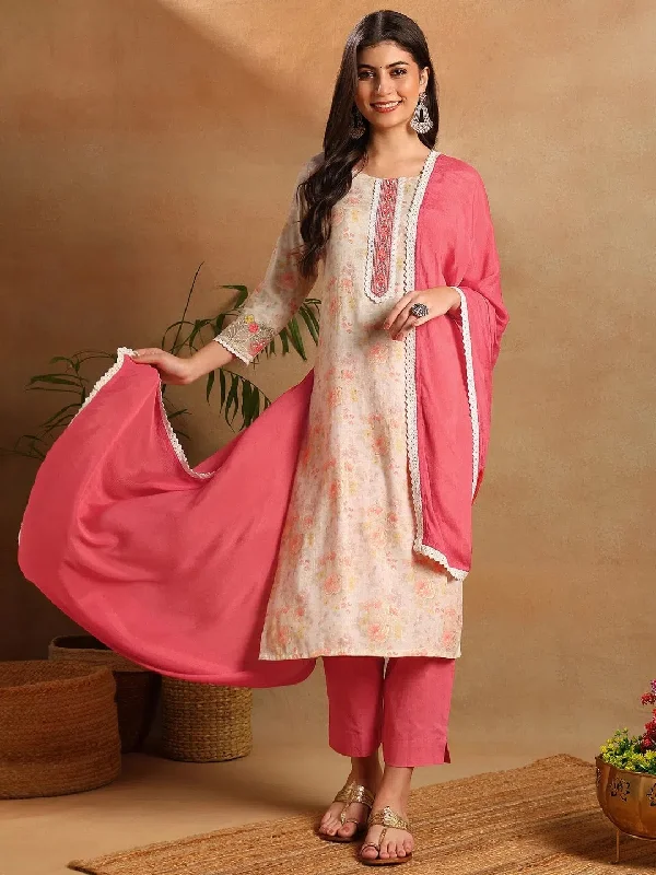 Ahika Women Off White Cotton Blend Floral Printed Straight Kurta Trousers With Dupatta-PKSKD2600 Trousers Timeless Classic
