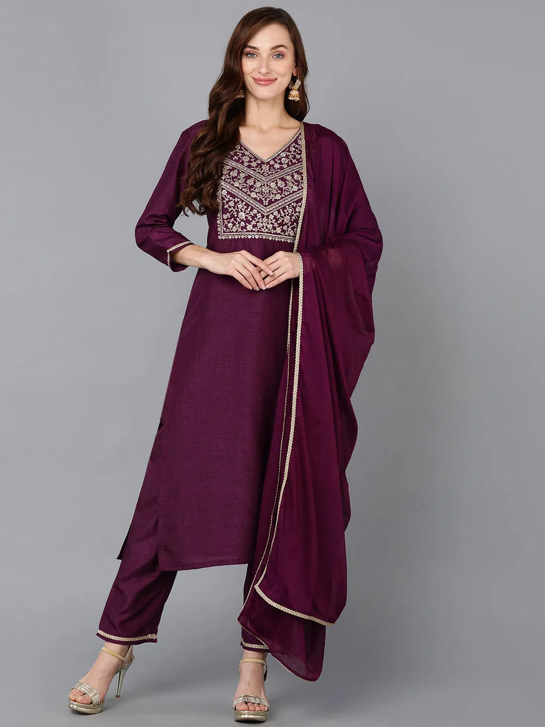 Ahika Women Silk Blend Embroidered Kurta Trousers-PKSKD1841_XS Trousers Harem Relaxed Fit