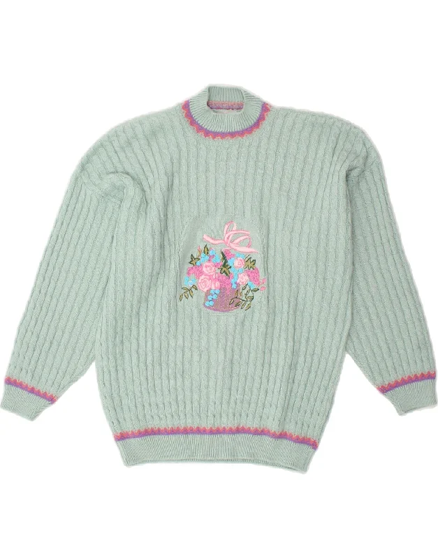 VINTAGE Womens Graphic Turtle Neck Jumper Sweater UK 16 Large Blue Floral Wool Fabric Cashmere Fabric Tweed Fabric
