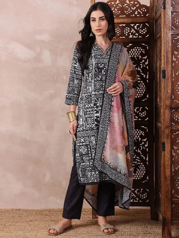 Ahika Women Black Silk Blend Geometric Printed Straight Kurta Trouser With Dupatta-PKSKD2542BLK Trousers versatile all-occasion