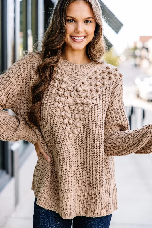Get Involved Taupe Brown Pompom Sweater Denim Fabric Leather Fabric Suede Fabric