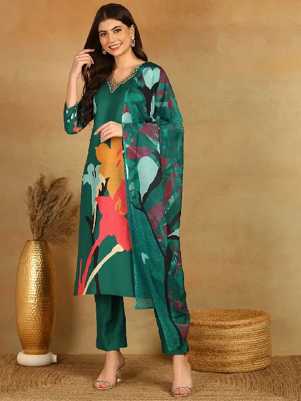 Ahika Women Green Silk Blend Floral Printed Straight Kurta Trousers With Dupatta-PKSKD2598 Trousers Vintage Classic