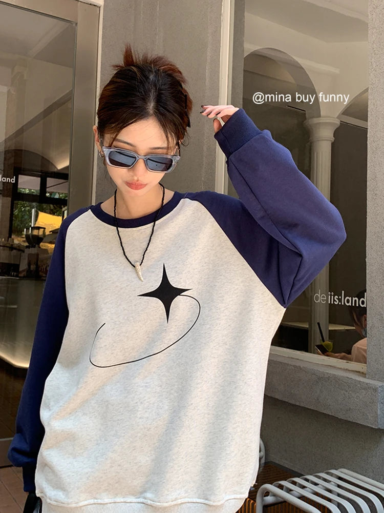 Advbridge -  Womens Pullover Blue Vintage Street Sweatshirt Street Printing Long Sleeves Casual Crew Neck Oversize Baggy Ladies Tops Autumn Chenille Soft Sweater