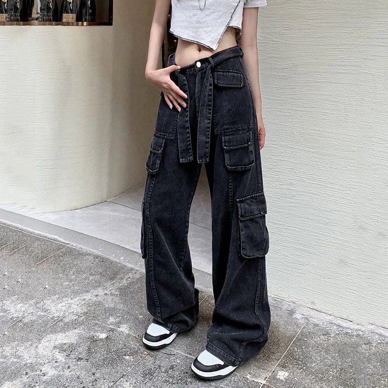 Advbridge - Streetwear Wide Leg Cargo Pants Women Fashion High Waist Baggy Jeans Woman 90S Straight Loose Denim Trousers Ladies Trousers Fall Fleece