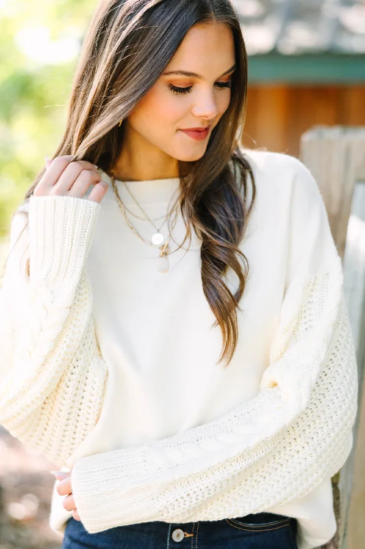 Just Too Sweet Ivory White Cable Sleeve Sweater Chenille Brocade Lace