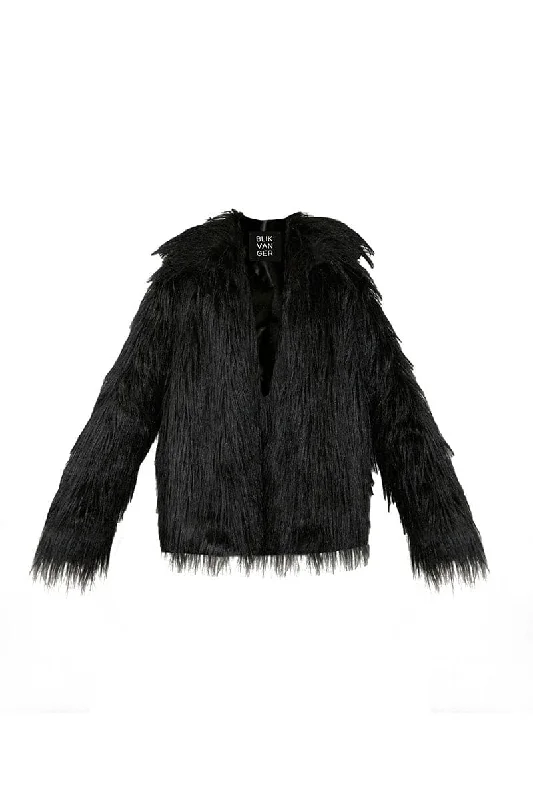 FAUX FUR BLACK SHAGGY JACKET A-Line Jacket Boat Neck Shawl Collar