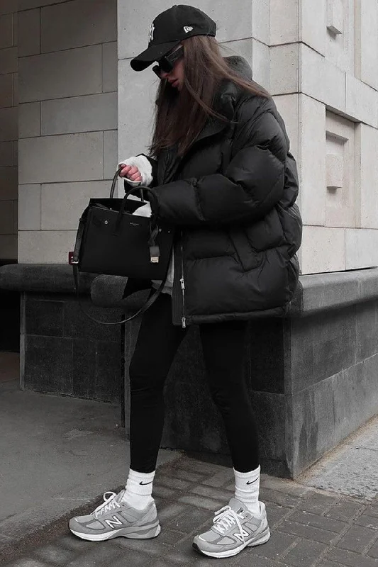 Black Basic Women's Down Jacket Mg1582 Zippered Jacket Buttoned Jacket Snapped Jacket