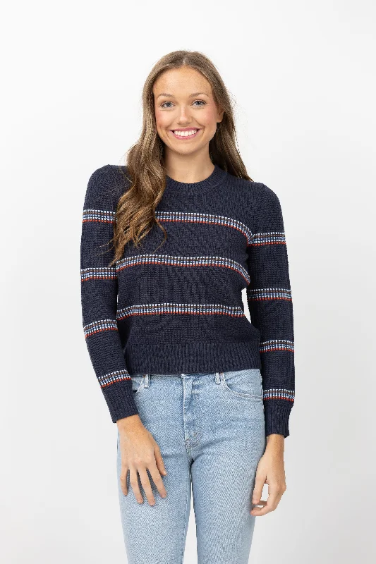 The Great. The Shrunken Pullover in Navy Ribbon Stripes Wrist Length Sleeve