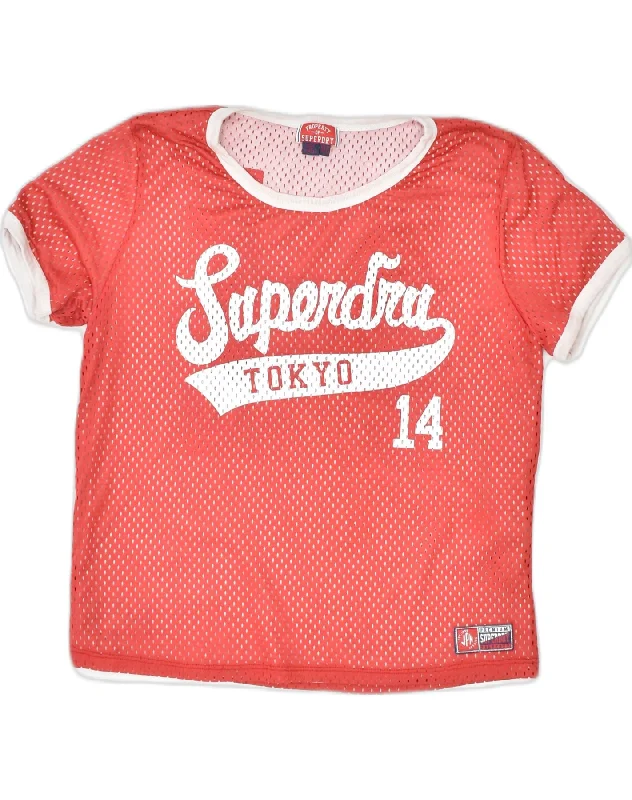 SUPERDRY Womens Short Sleeve Graphic Jersey Top UK 12 Medium Red Polyamide Boat Neck Jersey Shirt