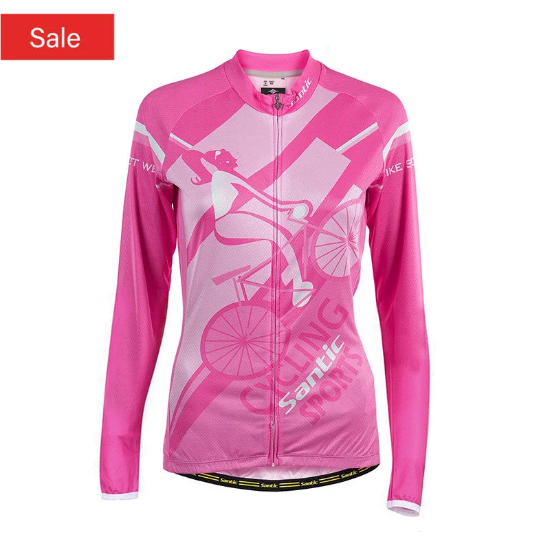 Santic WinYiren Pink Women Jersey Long Sleeve Cotton Fabric Inside Evening Jersey Tee