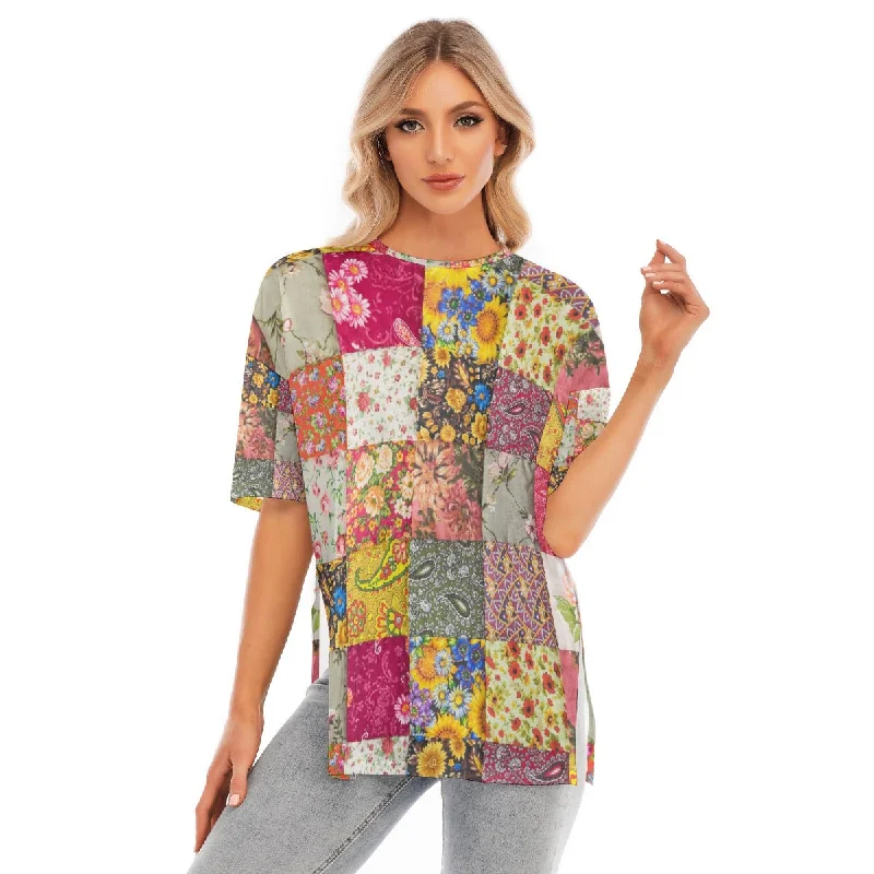 All-Over Print Women's Short Sleeves T-shirt With Hem Split Anti-Pilling Machine Wash Handmade