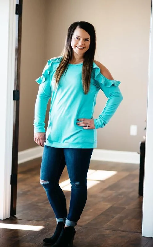 Aqua Ruffle Cold Shoulder Shirt Mesh Canvas Denim