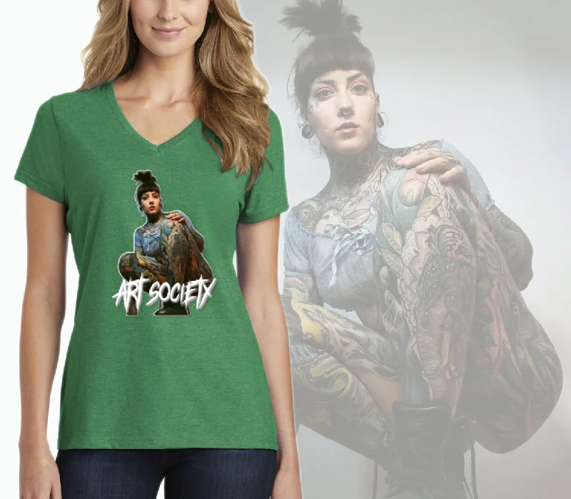 Art Society TATTOOED NATALIE WOMENS V-NECK TEE KELLY GREEN Terry Blend Velvet Blend Canvas Blend