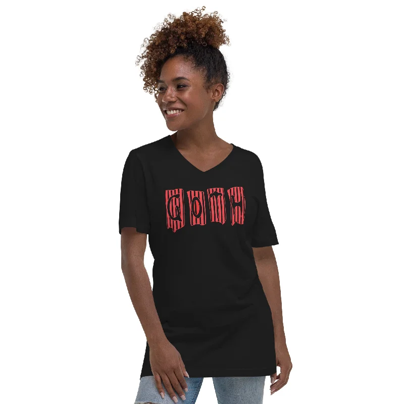 Black and Red Vertical Stripe Goth Wallpaper Style Women’s Short Sleeve V-Neck T-Shirt Houndstooth Herringbone Solid