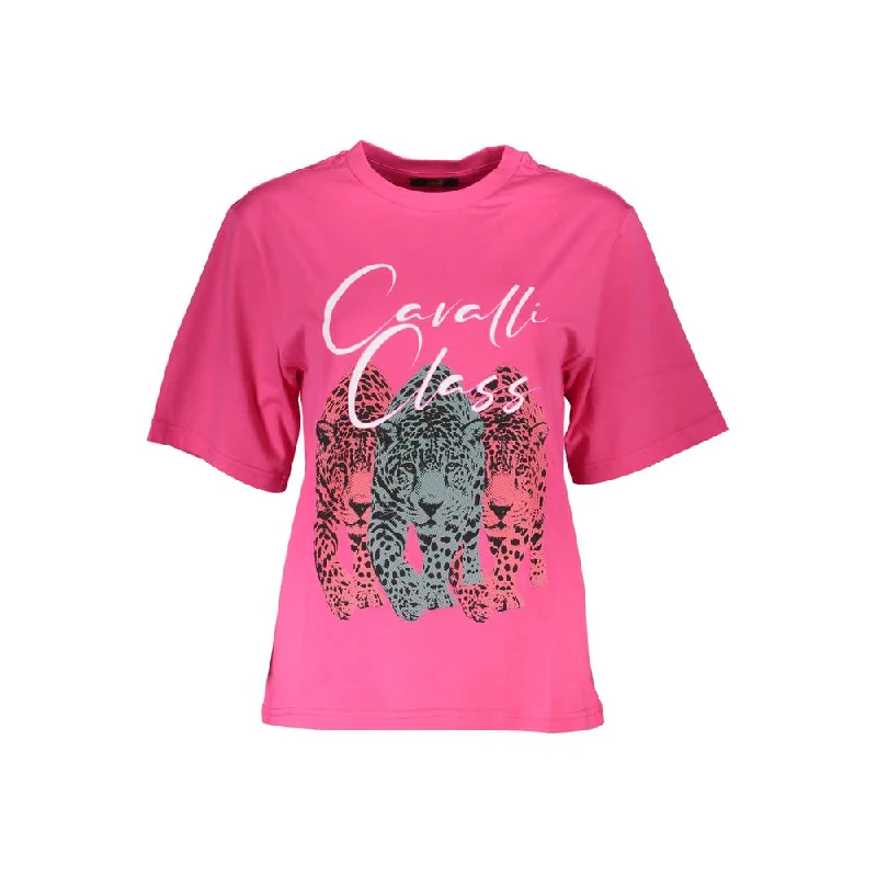 Cavalli Class Pink Cotton Women T-Shirt V-Neck T-Shirt Long Sleeve Cotton