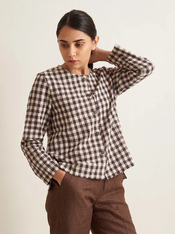 Collarless Checkered Shirt - Brown Checkered Hooded Caped Shawl Collar