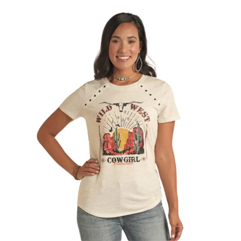 Rock & Roll Women's Wild West Cowgirl Tee Ribbed T-Shirt High Neck Heavyweight