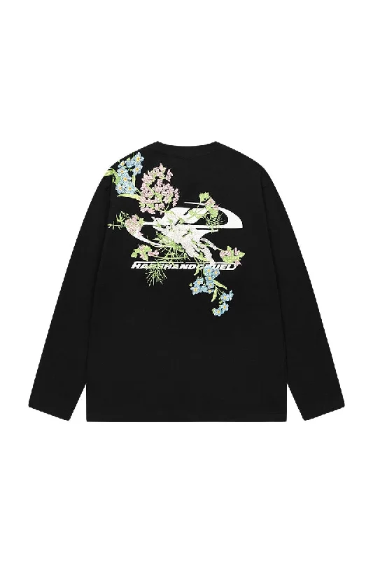 Floral Embroidered Logo L/S Tee Collared T-Shirt Boat Neck A-Line