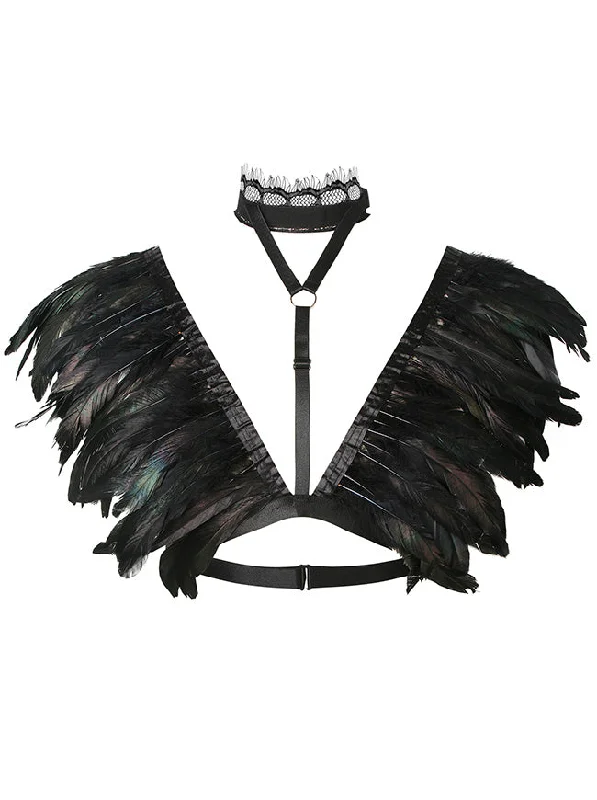 Gothic Punk Costume Accessory Feather Shoulder Wrap Shawl with Lace Collar Choker Casual Cotton Shawl