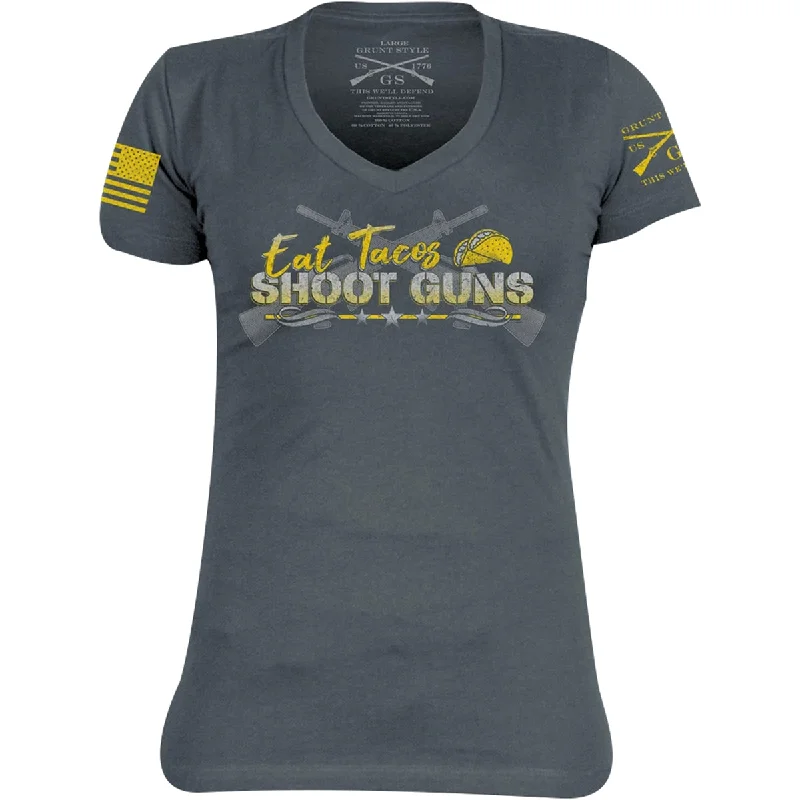 Grunt Style Women's Eat Tacos Shoot Guns V-Neck T-Shirt - Dark Gray Zippered Front Buttoned Front Snap Front