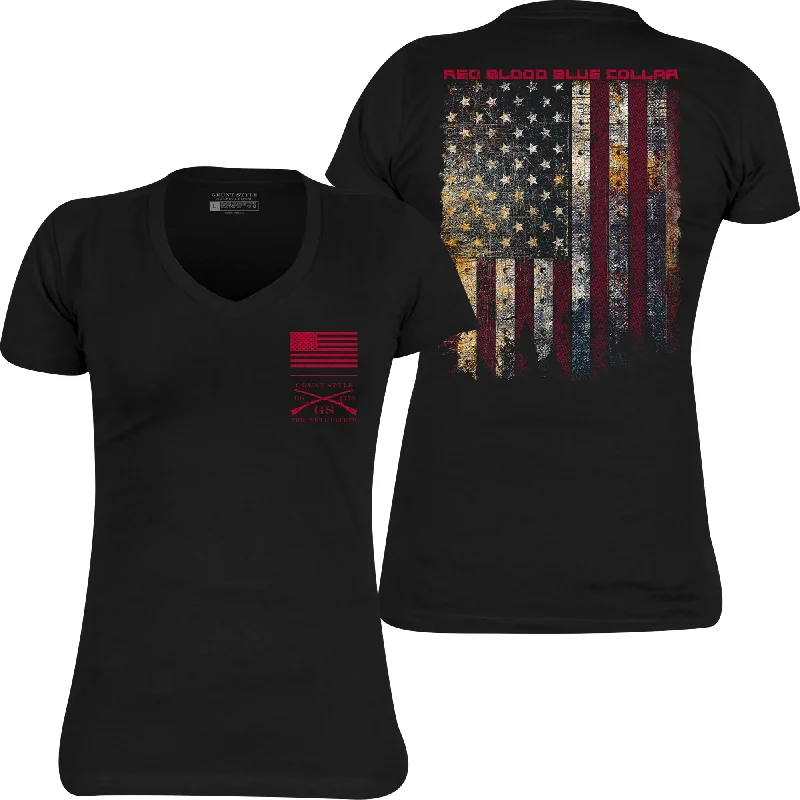 Grunt Style Women's Red Blood Blue Collar V-Neck T-Shirt - Black Graphic T-Shirt Round Neck Polyester