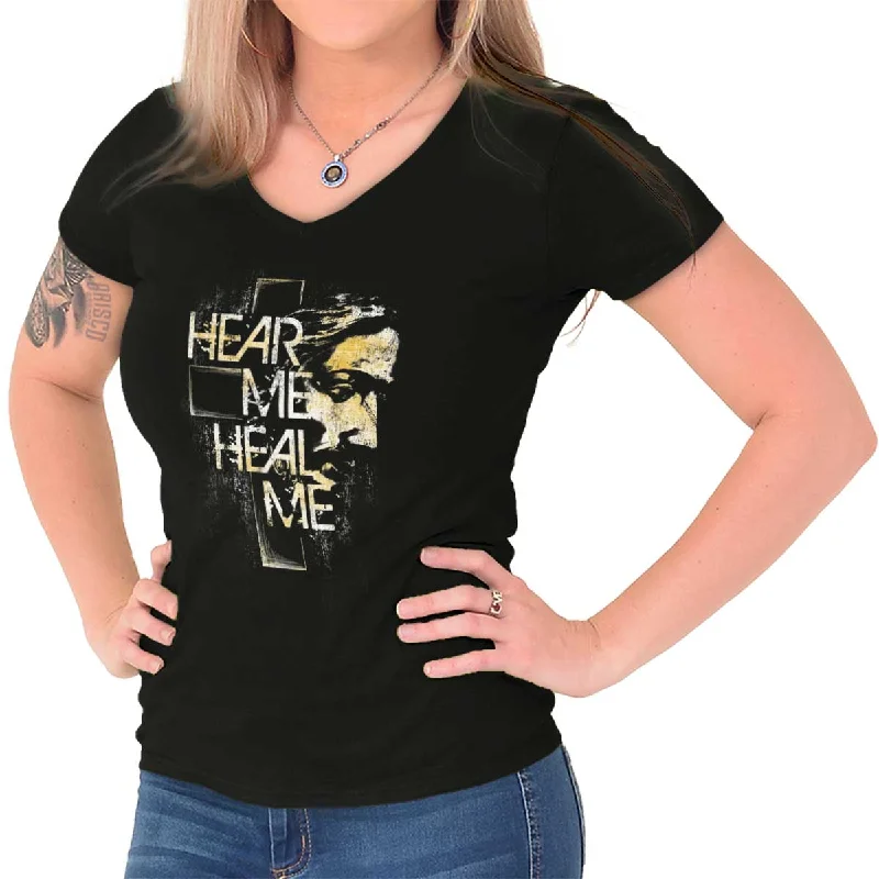 Hear Me Heal Me Junior Fit V-Neck T-Shirt Mesh Fabric Canvas Fabric Denim Fabric