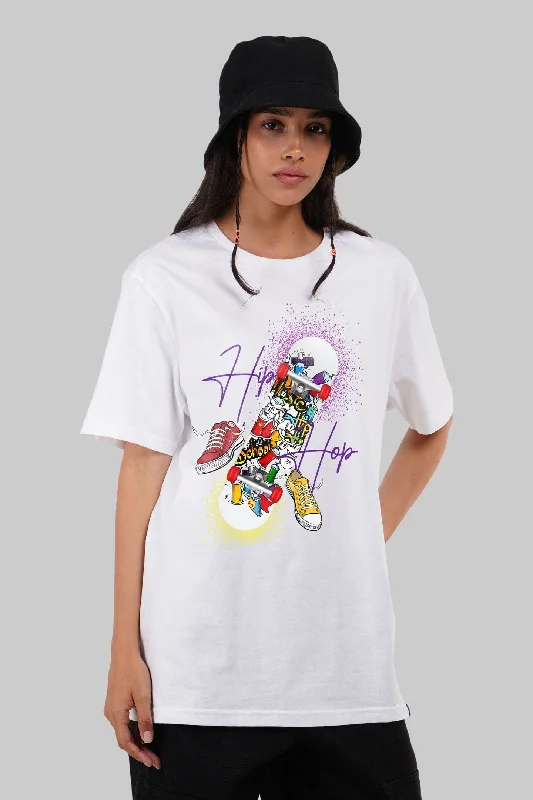 Hip Hop White Boyfriend Fit T-Shirt Women Front Pockets Side Pockets Patch Pockets