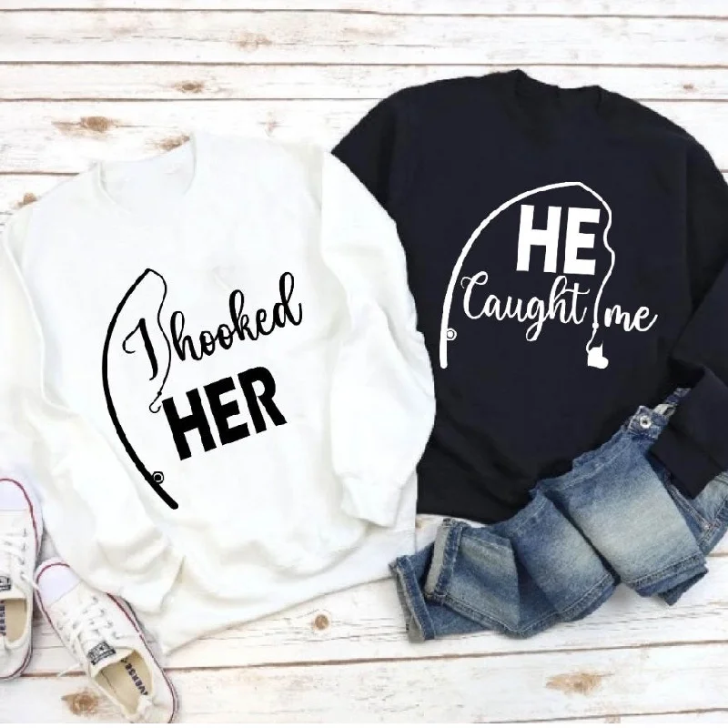 I Hooked Her Funny Fishing Couple Shirts Hooded Caped Shawl Collar